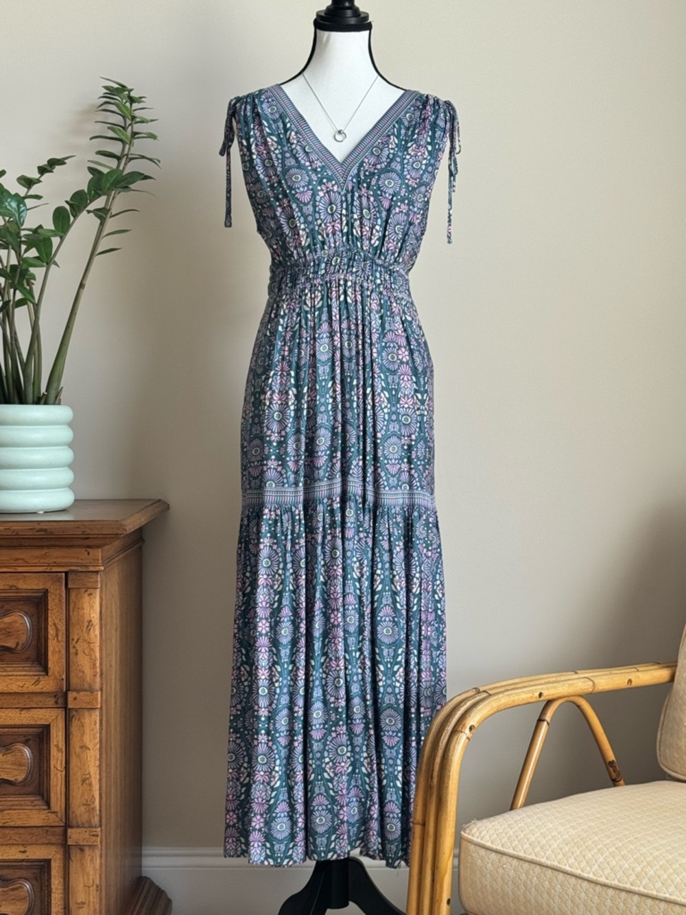 Joie Boho V-Neck Tiered Maxi Dress in Teal Floral Print size Small